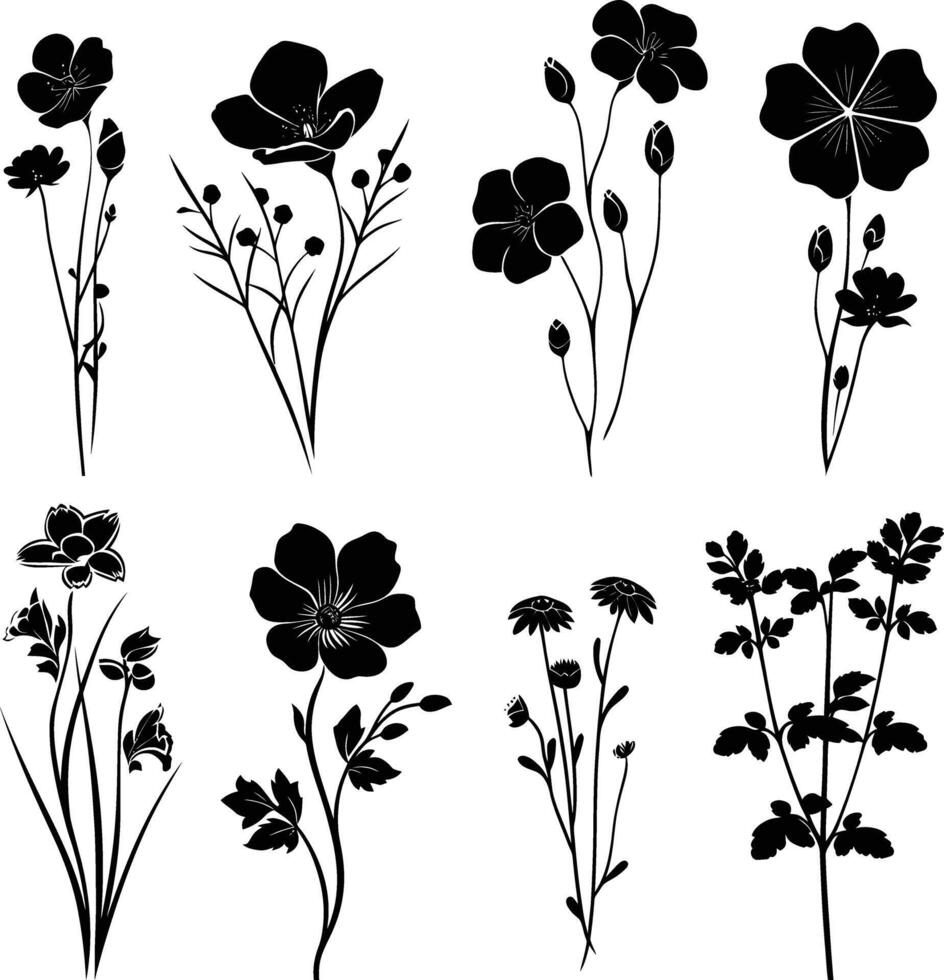 ai gegenereerd silhouet voorjaar bloem verzameling zwart kleur enkel en alleen vector