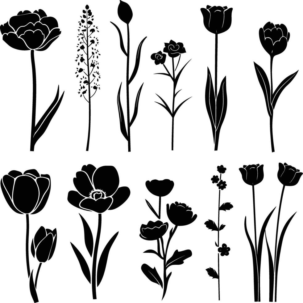 ai gegenereerd silhouet voorjaar bloem verzameling zwart kleur enkel en alleen vector