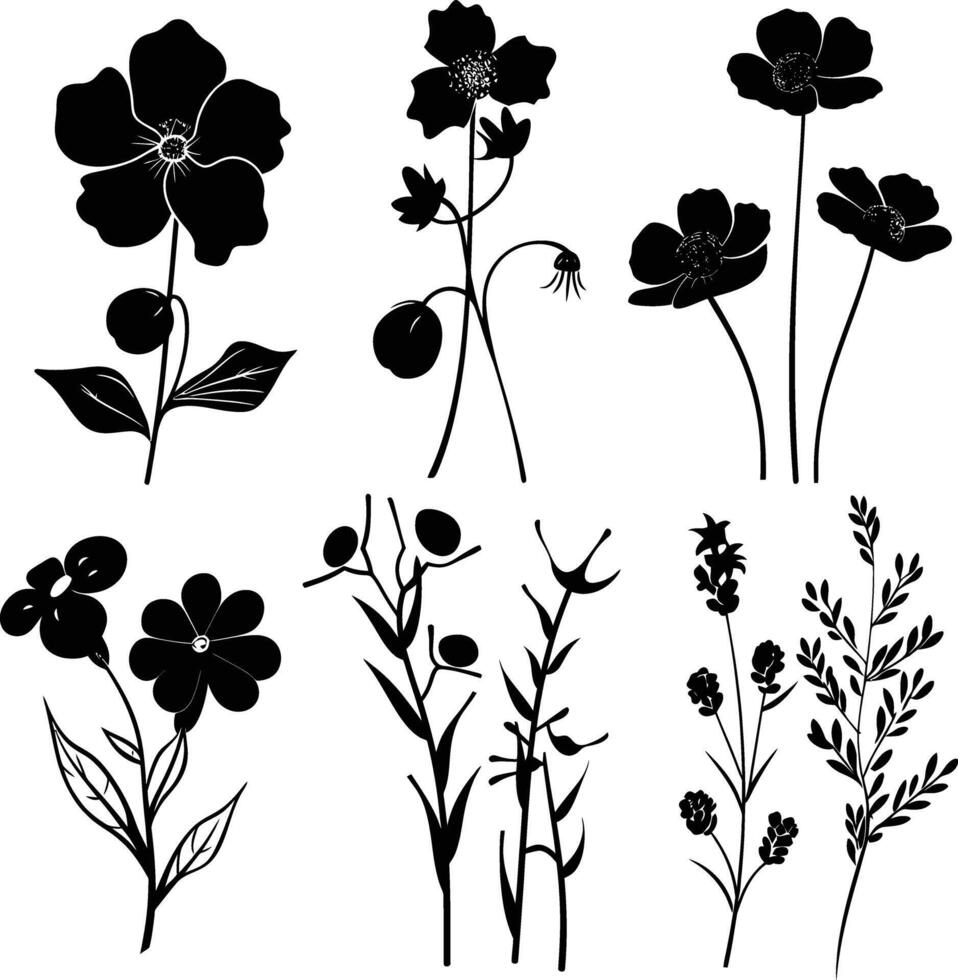 ai gegenereerd silhouet voorjaar bloem verzameling zwart kleur enkel en alleen vector