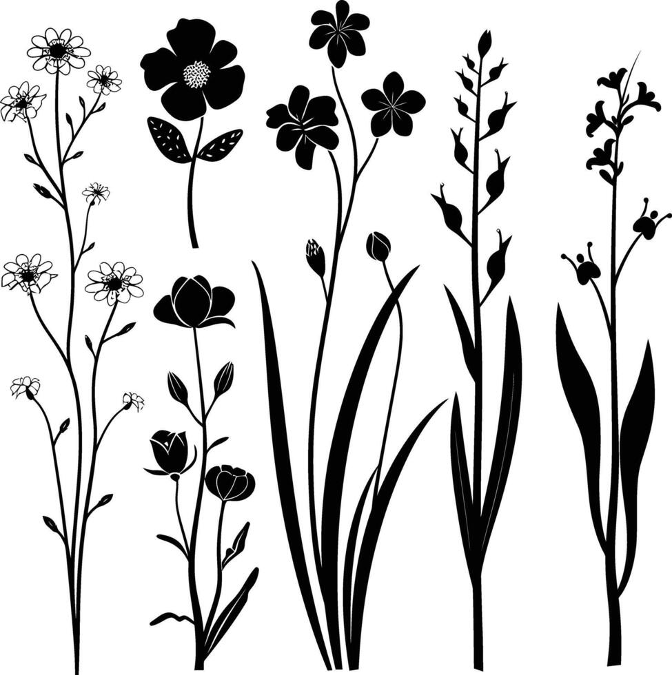 ai gegenereerd silhouet voorjaar bloem verzameling zwart kleur enkel en alleen vector