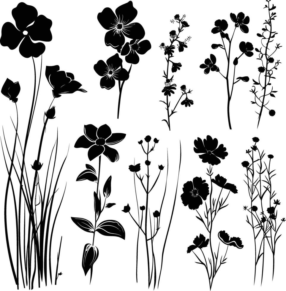 ai gegenereerd silhouet voorjaar bloem verzameling zwart kleur enkel en alleen vector