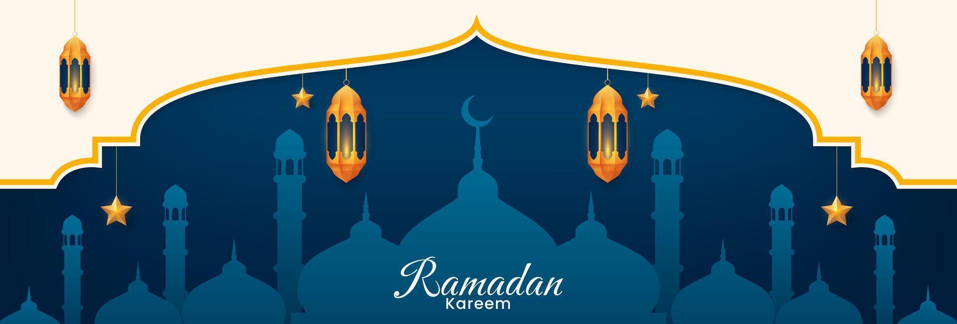 Islamitisch Ramadan kareem achtergrond ontwerp met goud lantaarns en moskee. vector illustratie