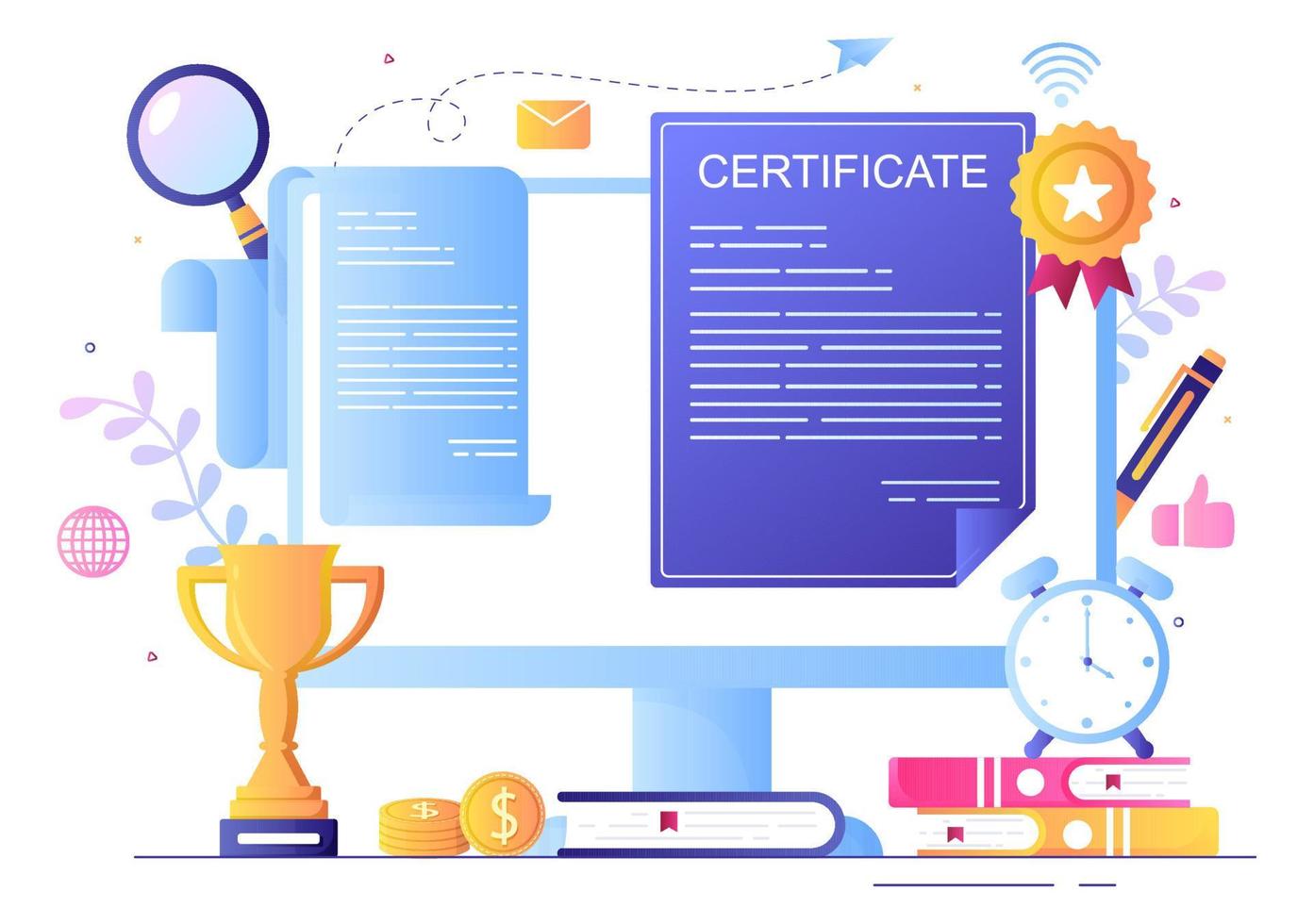 certificaat documentpictogram met licentie badge, diploma en medaille voor website, poster of brochure achtergrond vectorillustratie vector