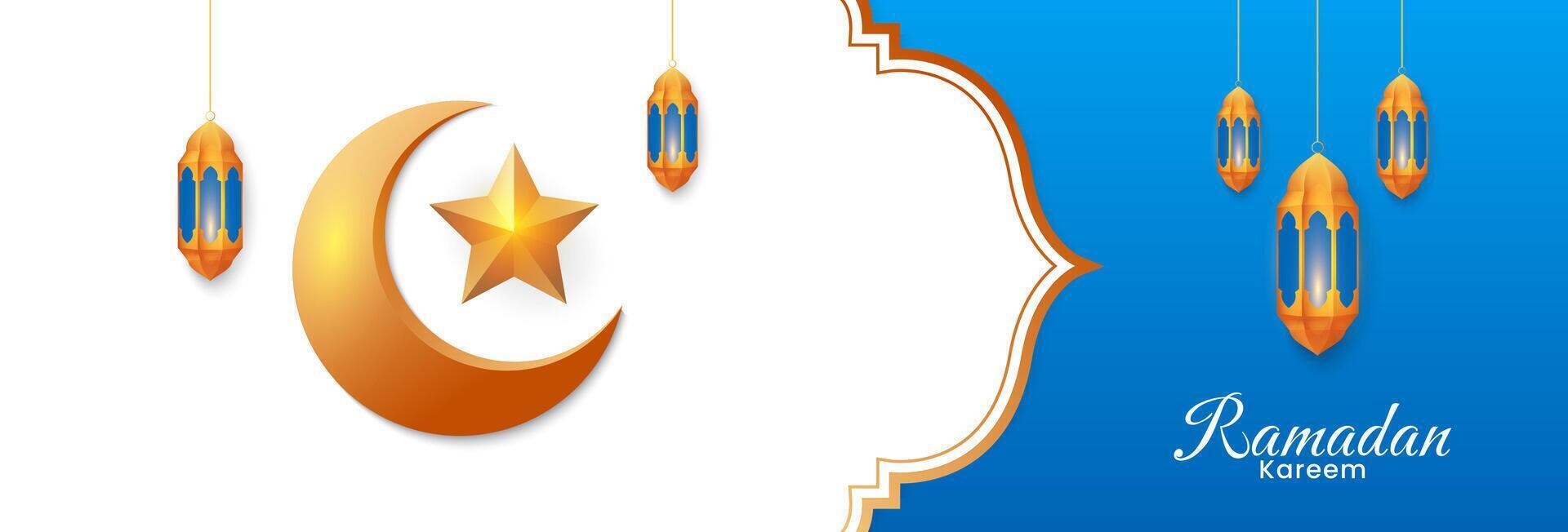 Islamitisch Ramadan kareem achtergrond ontwerp met gouden maan en lantaarn ornament. vector illustratie