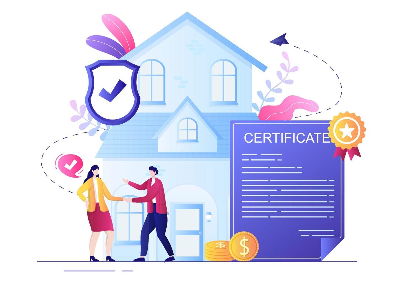 eigendomscertificaat voor vastgoedcontract, onderhoud van gebouwen en koopovereenkomst voor huizen met zegelstempel of licentie. achtergrond vectorillustratie vector