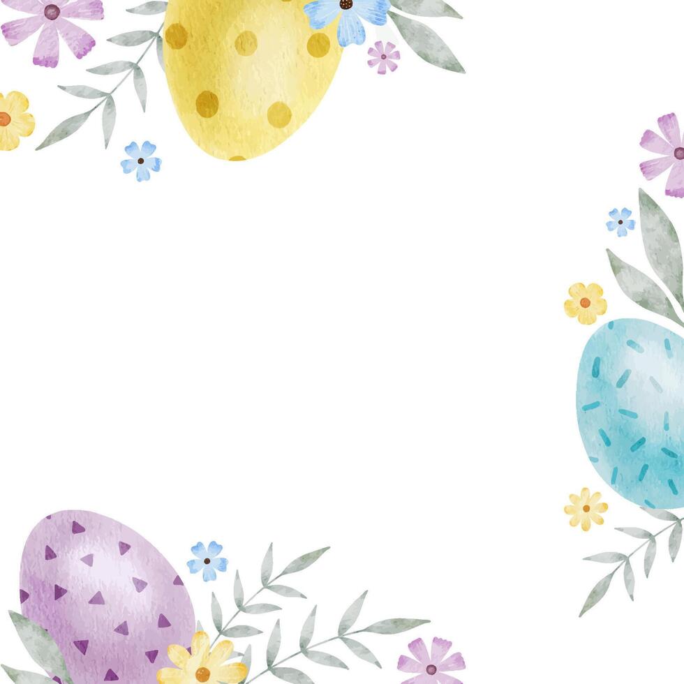 kader van schattig kleurrijk Pasen eieren, bloemen en bladeren. paschal concept met Purper en blauw Pasen eieren. geïsoleerd waterverf illustratie. sjabloon voor Pasen kaarten, dekt, posters en uitnodigingen. vector