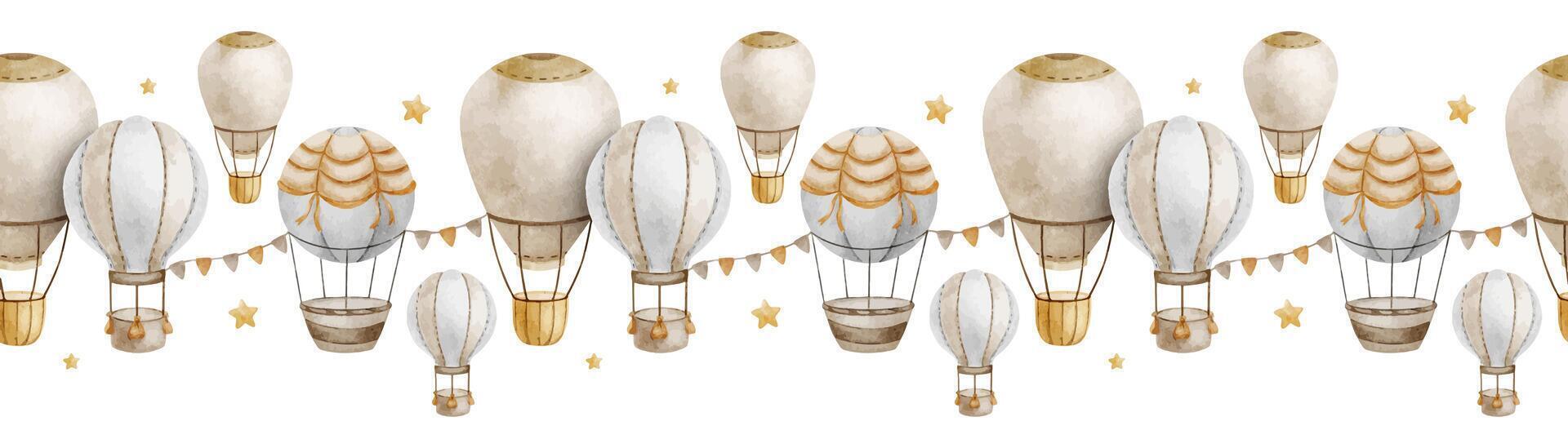 beige heet lucht ballonnen, vlaggen en sterren. schattig baby naadloos grens. kinderen achtergrond. waterverf kader. geïsoleerd. ontwerp voor kinderen goederen, ansichtkaarten, baby douche en kinderen kamer vector