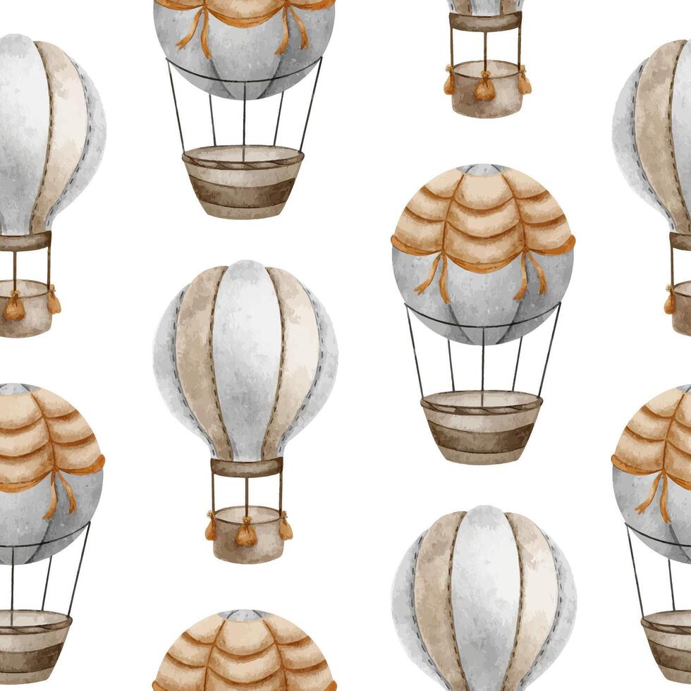 heet lucht ballonnen met mand. waterverf naadloos patroon. schattig baby achtergrond. voor kinderen goederen, kleren, kinderen speelgoed, kinderen winkel, textiel, ansichtkaarten, baby douche, behang en kinderen kamer vector