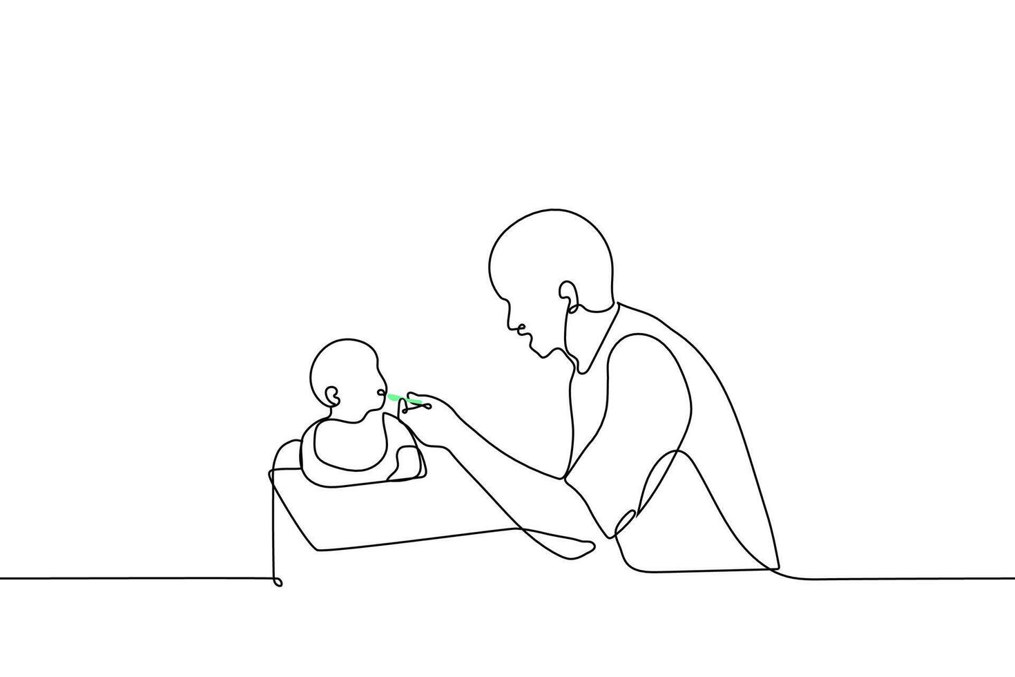 jong vader voeden baby zittend in baby stoel - een lijn tekening vector. concept van single vader voeden baby met lepel, mannetje oppas, oppas vector