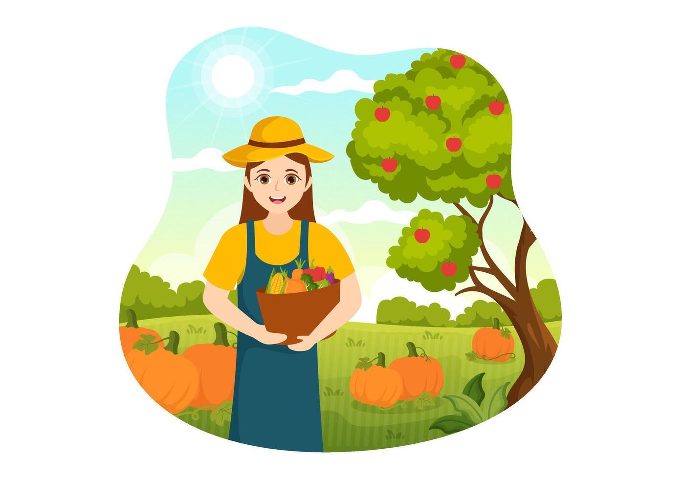 oogst seizoen vector illustratie met herfst van pompoenen en seizoensgebonden agrarisch Aan een boerderij in vlak tekenfilm hand- getrokken achtergrond Sjablonen