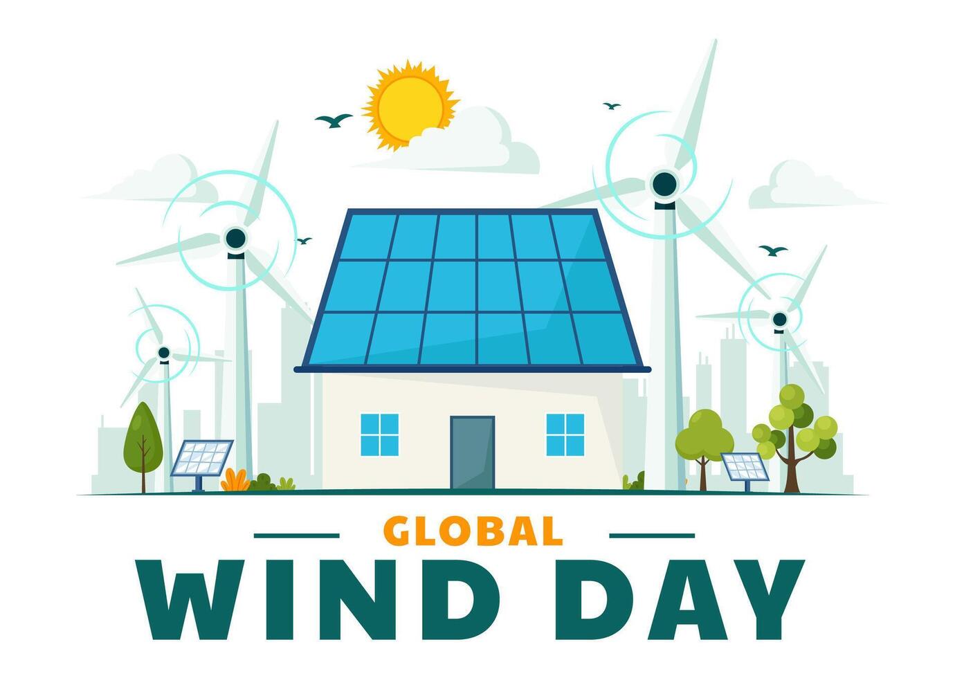 globaal wind dag vector illustratie Aan juni 15 met aarde wereldbol en winden turbines voor macht en energie systemen Aan blauw lucht in vlak tekenfilm achtergrond