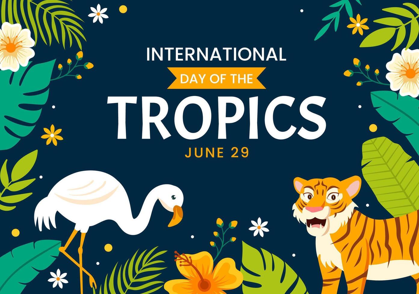Internationale dag van de tropen vector illustratie Aan 29 juni met dier, gras en bloem planten naar behouden keerkring in natuur vlak achtergrond