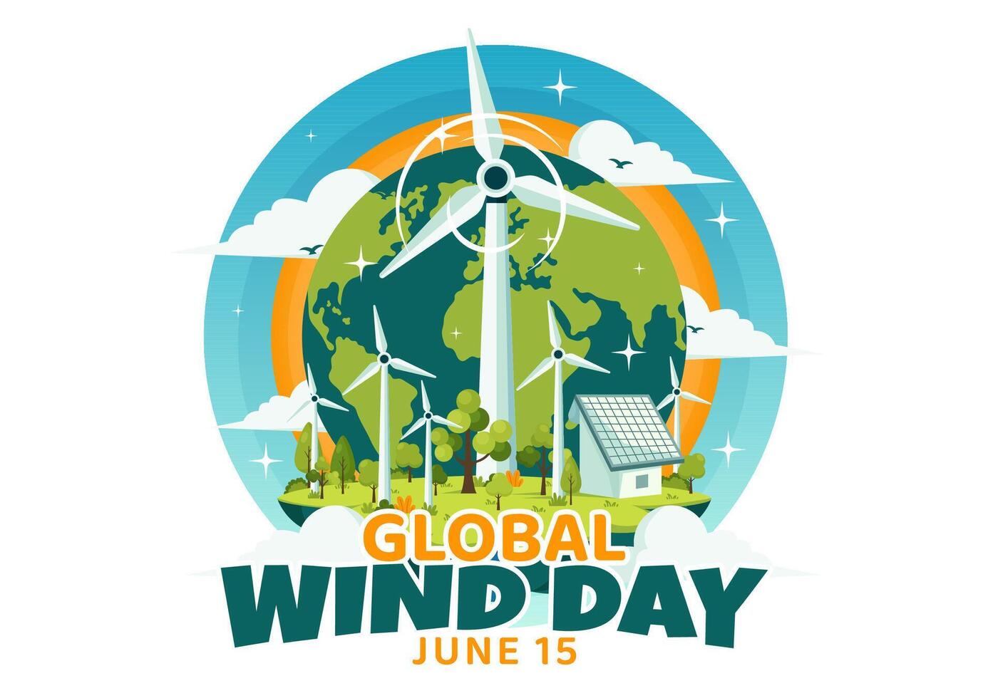 globaal wind dag vector illustratie Aan juni 15 met aarde wereldbol en winden turbines voor macht en energie systemen Aan blauw lucht in vlak tekenfilm achtergrond