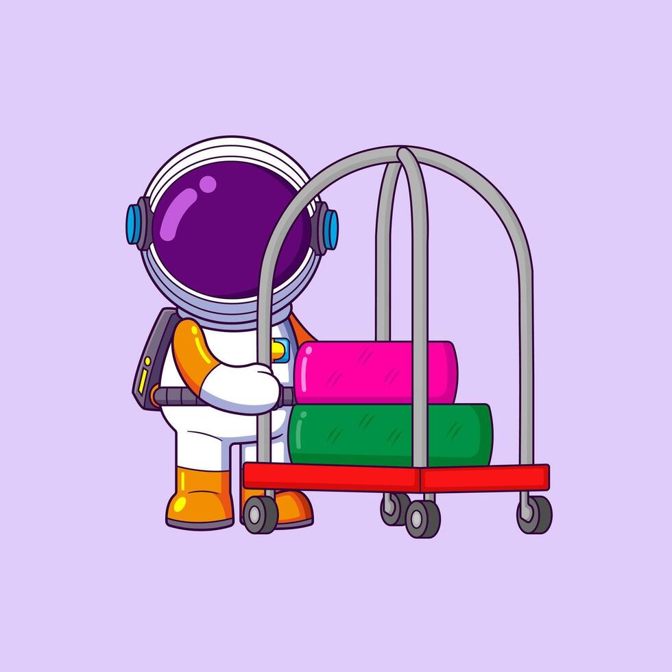 schattig astronaut met bagage kar vector