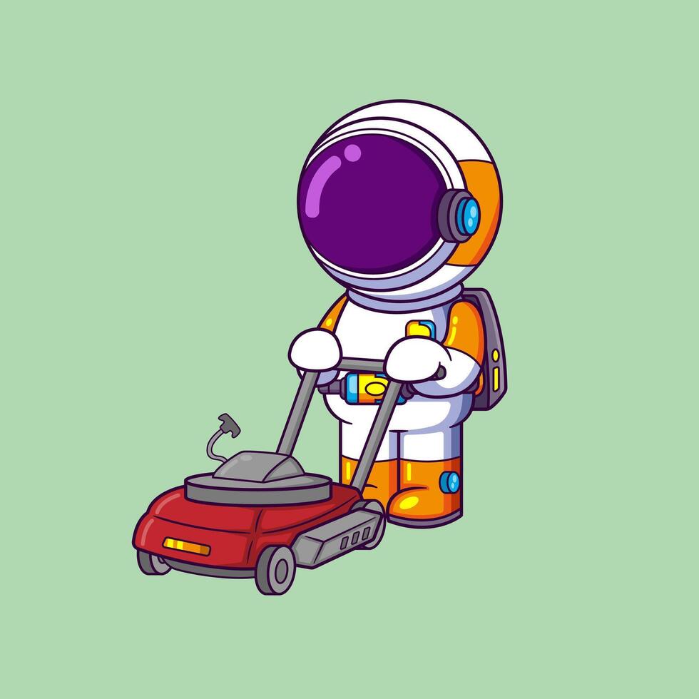 schattig astronaut met gazon maaier machine vector