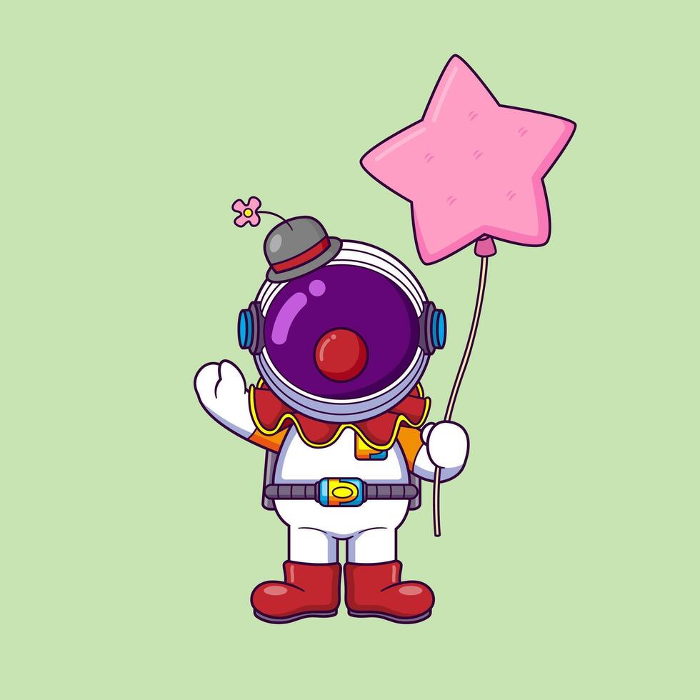 schattig astronaut vervelend clown kostuum en Holding ster ballon tekenfilm karakter vector