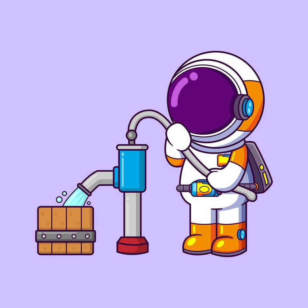 schattig astronaut spelen met water pomp tekenfilm karakter vector