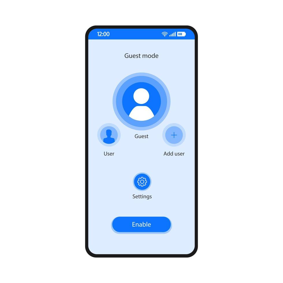 gast modus app smartphone interface vector sjabloon. mobiele hulpprogramma pagina blauwe ontwerp lay-out. gebruikersaccount wisselende applicatie platte ui. functie voor privacybescherming. knop inschakelen op telefoonscherm