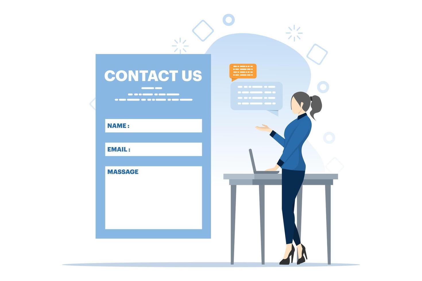 contact ons concept voor web en landen Pagina's. vrouw klant onderhoud middel met koptelefoon pratend naar cliënt. online klant ondersteuning en helpdesk concept. vlak tekenfilm vector illustratie.