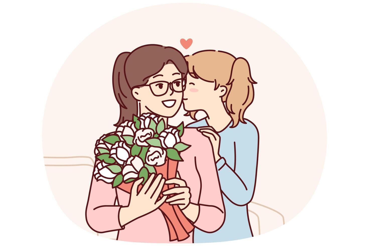 liefhebbend tiener- meisje geeft bloemen naar mam Aan vooravond van achtste van maart of moeder dag. vector beeld