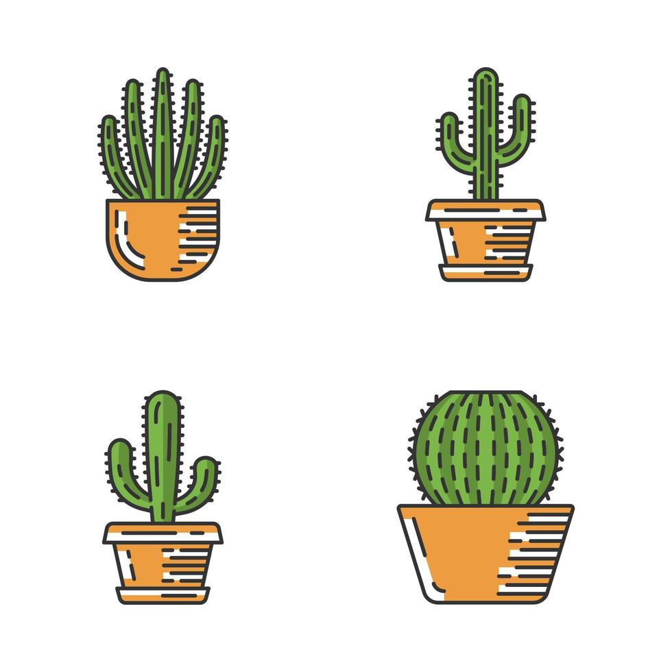 huiscactussen in pot gekleurde pictogrammen instellen. Mexicaanse tropische flora. orgelpijpcactus, saguaro, mexicaanse reus, vathuis. geïsoleerde vectorillustraties vector