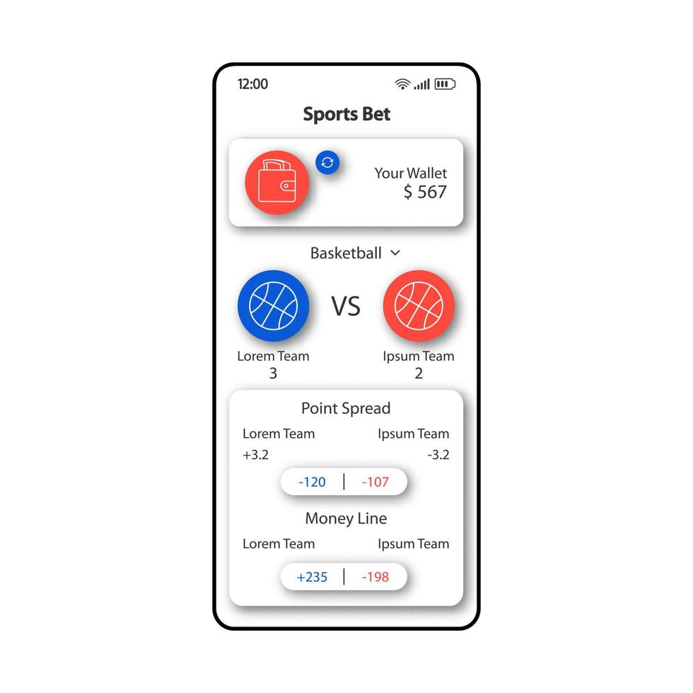 sportweddenschap smartphone interface vector sjabloon. mobiele app pagina wit ontwerp lay-out. gebruikersportemonnee scherm. platte ui voor toepassing. het voorspellen van de winnaar van het basketbalteam, puntgespreide telefoonweergave