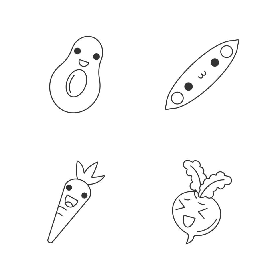 groenten schattige kawaii lineaire karakters. gelukkige avocado en erwten. lachen wortel en rode biet. dunne lijn pictogramserie. vector geïsoleerde overzichtsillustratie. bewerkbare streek