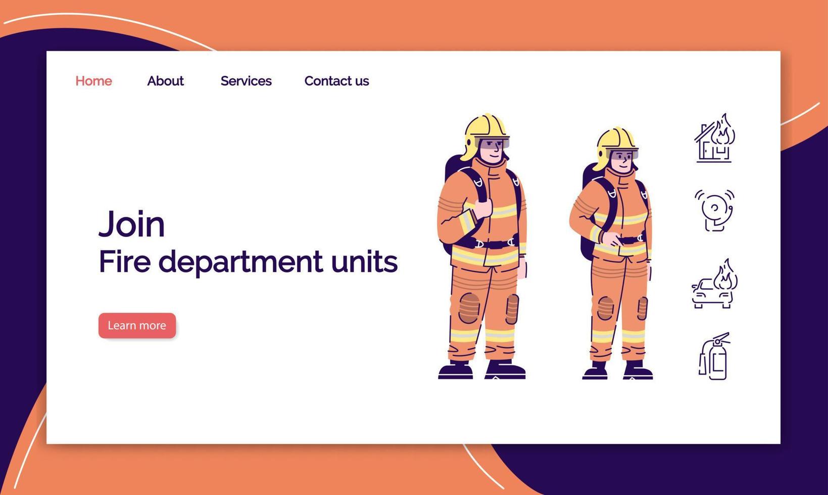 vector sjabloon voor bestemmingspagina voor brandweerman beroep. website-interface-idee van het reddingsteam met platte illustraties. lay-out van de startpagina van de brandweer. webbanner, webpagina cartoon concept