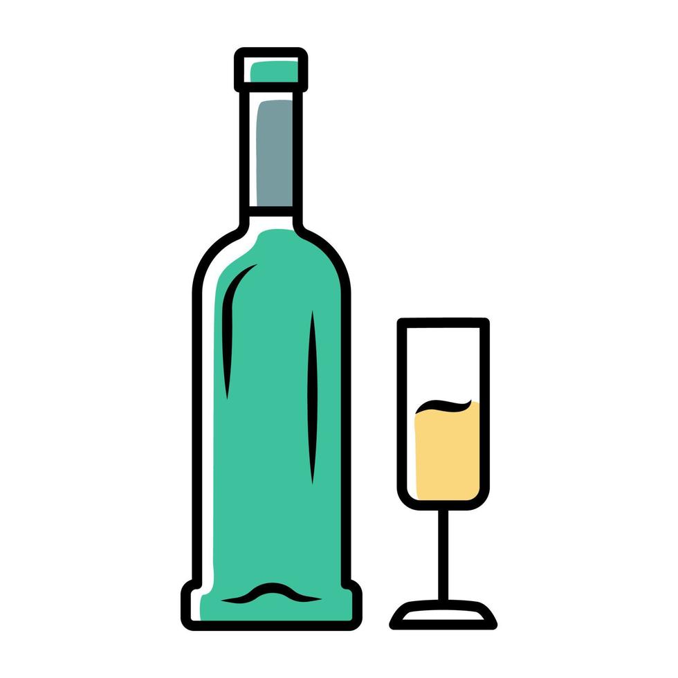 open fles en glas champagne icoon. wijn dienst. mousserende wijn. aperitief, alcoholische drank, drank. bar, restaurant glaswerk, wijnmakerij, wijnglas. geïsoleerde vectorillustratie vector