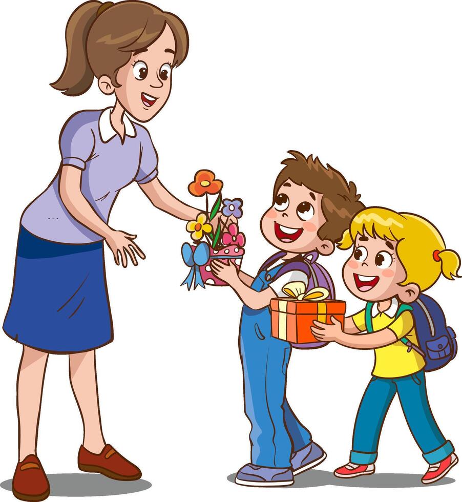 kinderen leerling geven boeket van bloemen naar haar docent, vlak gemakkelijk illustratie voor gelukkig leraren dag. vector