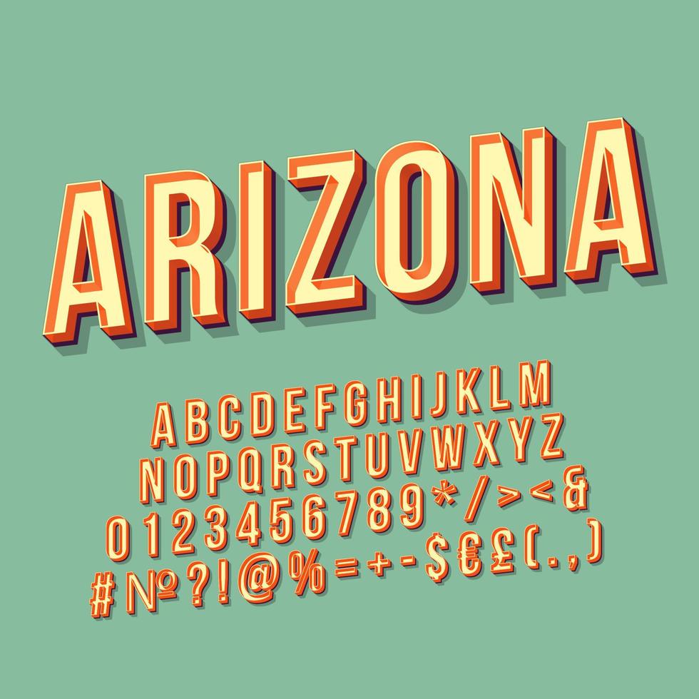 Arizona vintage 3D-vector belettering. retro vet lettertype, lettertype. popart gestileerde tekst. oude schoolstijl letters, cijfers, symbolen, elementenpakket. Jaren '90, '80 poster, spandoek. pistache kleur achtergrond vector