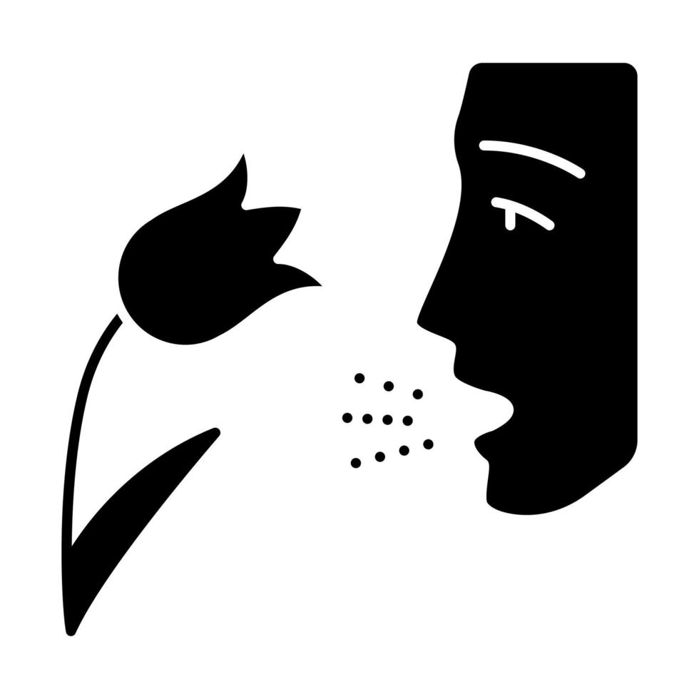 pollenallergie glyph icoon. allergie voor de luchtwegen. hooikoorts. allergische astma, rhinitis oorzaak. seizoensgebonden ziekte. inademing van allergenen. silhouet symbool. negatieve ruimte. vector geïsoleerde illustratie