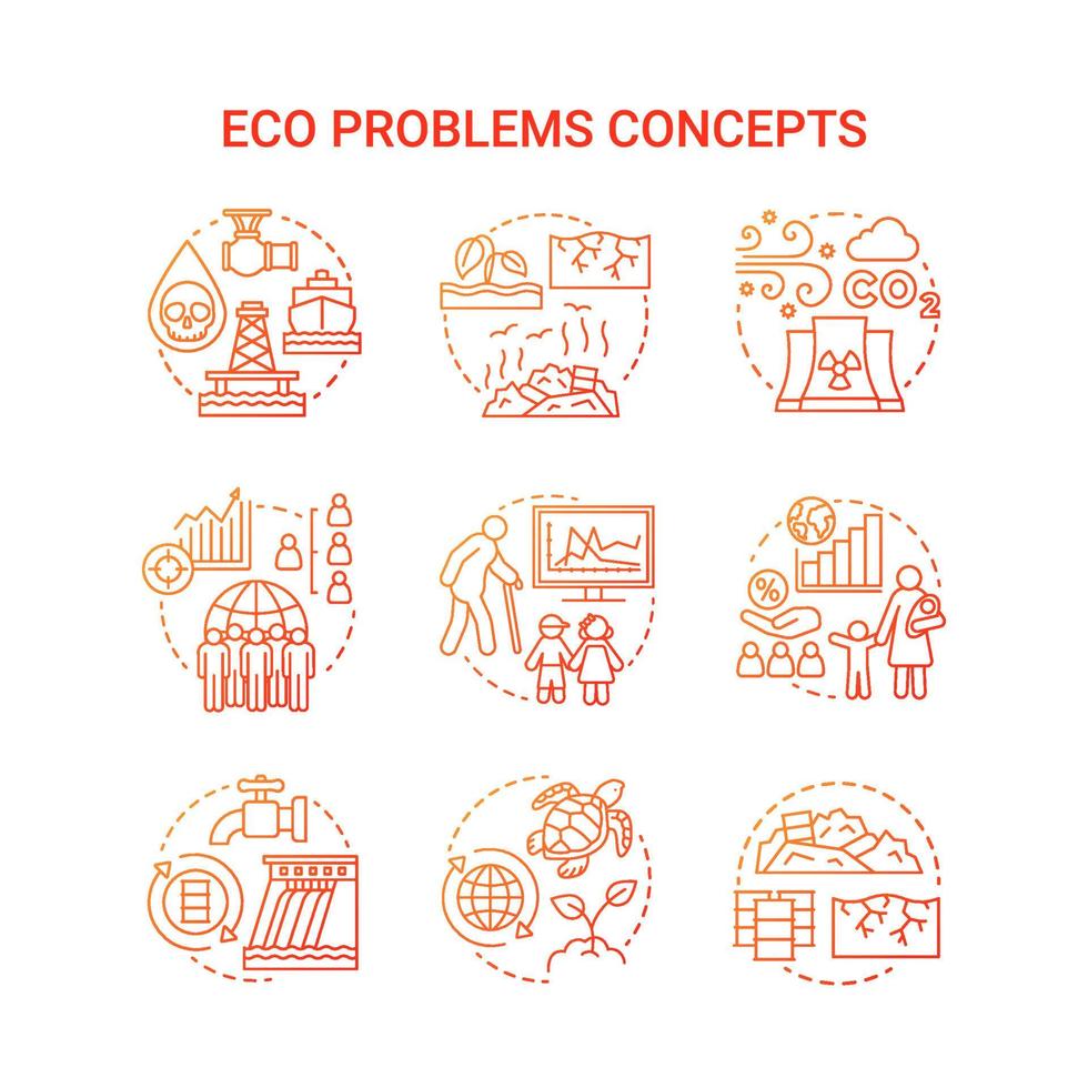 eco problemen concept pictogrammen instellen. ecologische ramp idee dunne lijn illustraties in het rood. vervuiling van water, bodem en lucht. overbevolking en biodiversiteit. vector geïsoleerde overzichtstekeningen