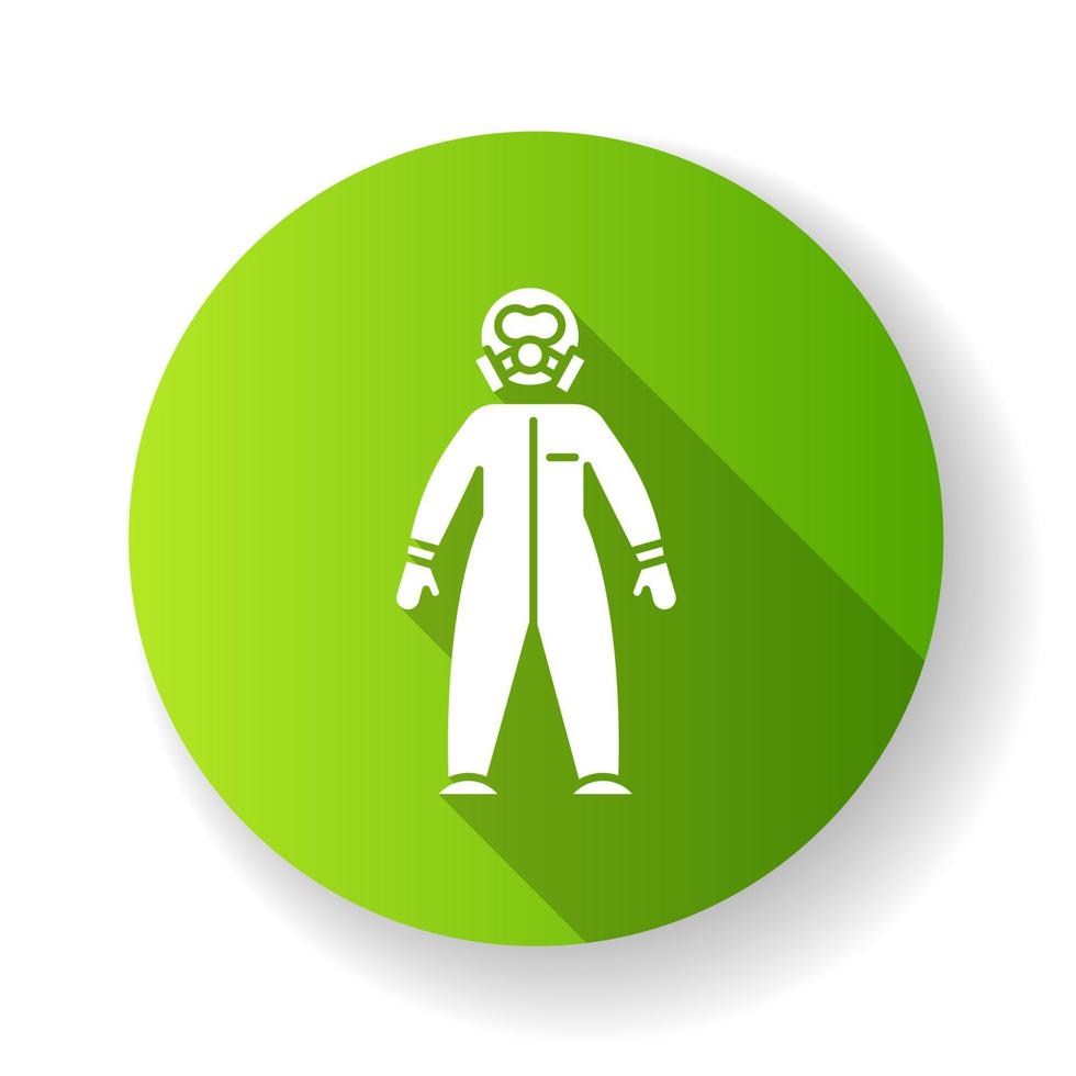 beschermend pak groen plat ontwerp lange schaduw glyph pictogram. chemische industrieën. biohazard, radioactieve bescherming. veiligheid van de werknemer. organische chemie. vector silhouet illustratie