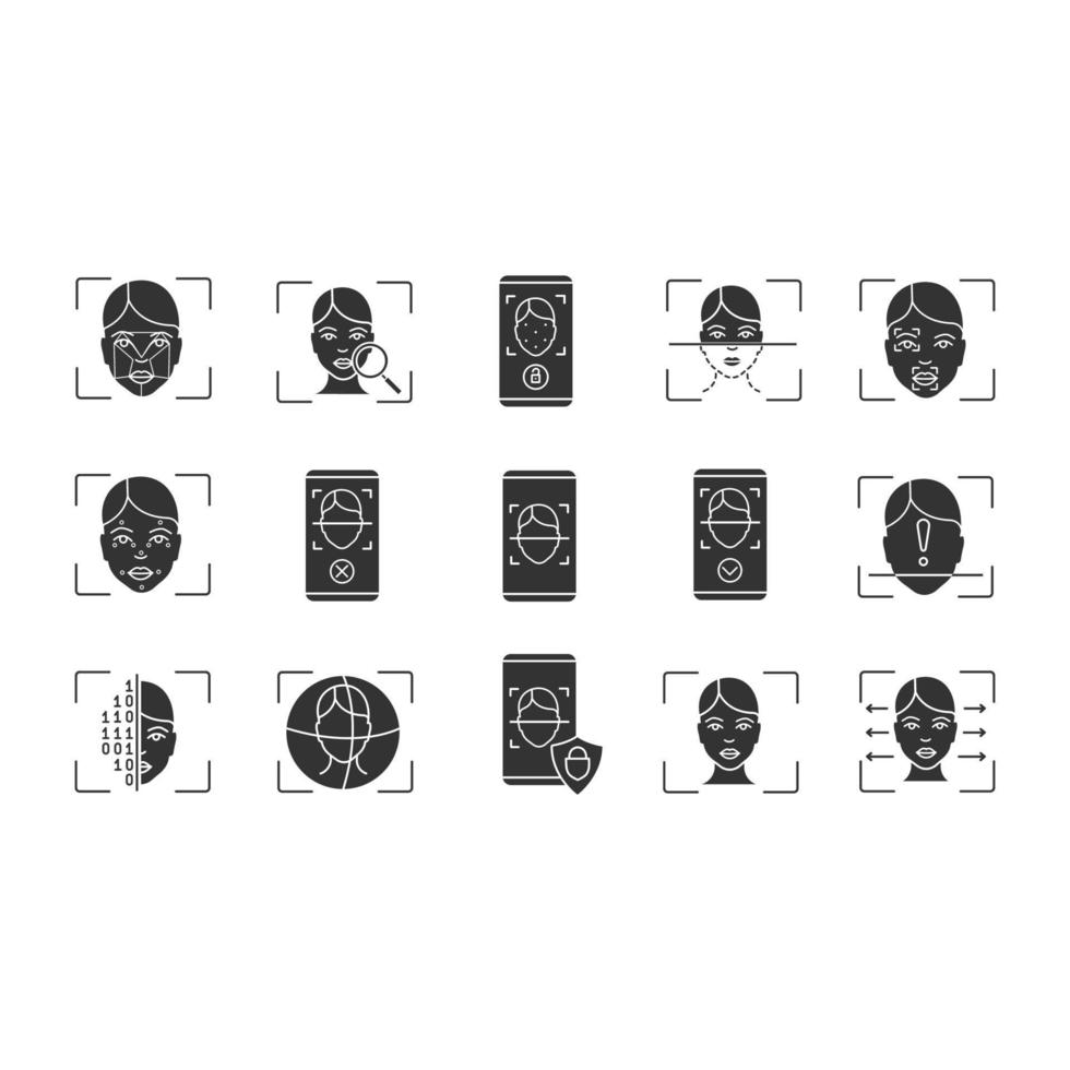 gezichtsherkenning glyph pictogrammen instellen. gezicht id-scansoftware. biometrische identificatie. silhouet symbolen. vector geïsoleerde illustratie