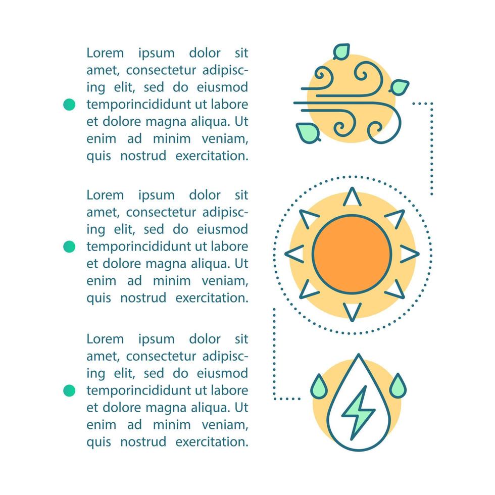 alternatieve, hernieuwbare energie artikel pagina vector sjabloon. eco-energie, groene technologie. brochure, tijdschrift, boekje ontwerpelement met lineaire pictogrammen en tekst. print ontwerp. concept illustraties