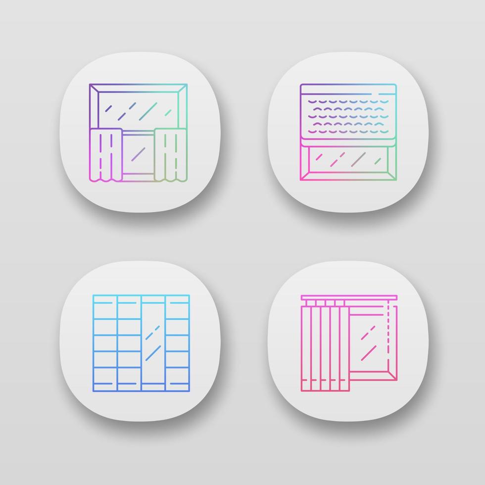 raamdecoratie app pictogrammen instellen. cafégordijnen, verticale jaloezieën, geweven houttinten, shoji-panelen. winkel interieur. web- of mobiele applicaties. geïsoleerde vectorillustraties vector