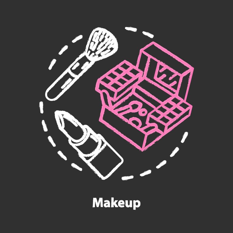 make-up krijt concept icoon. make-up artist kit, apparatuur en gereedschap idee. oogschaduw, lippenstift en borstel. cosmetica, professionele schoonheidsproducten. vector geïsoleerde schoolbordillustratie