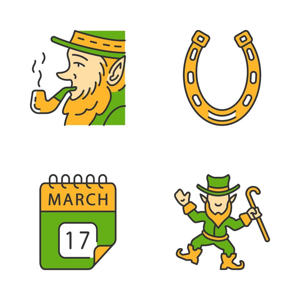 saint patricks dag gekleurde pictogrammen instellen. feest van st. patrick. kabouters, hoefijzer, 17 maart kalenderdatum. geïsoleerde vectorillustraties vector