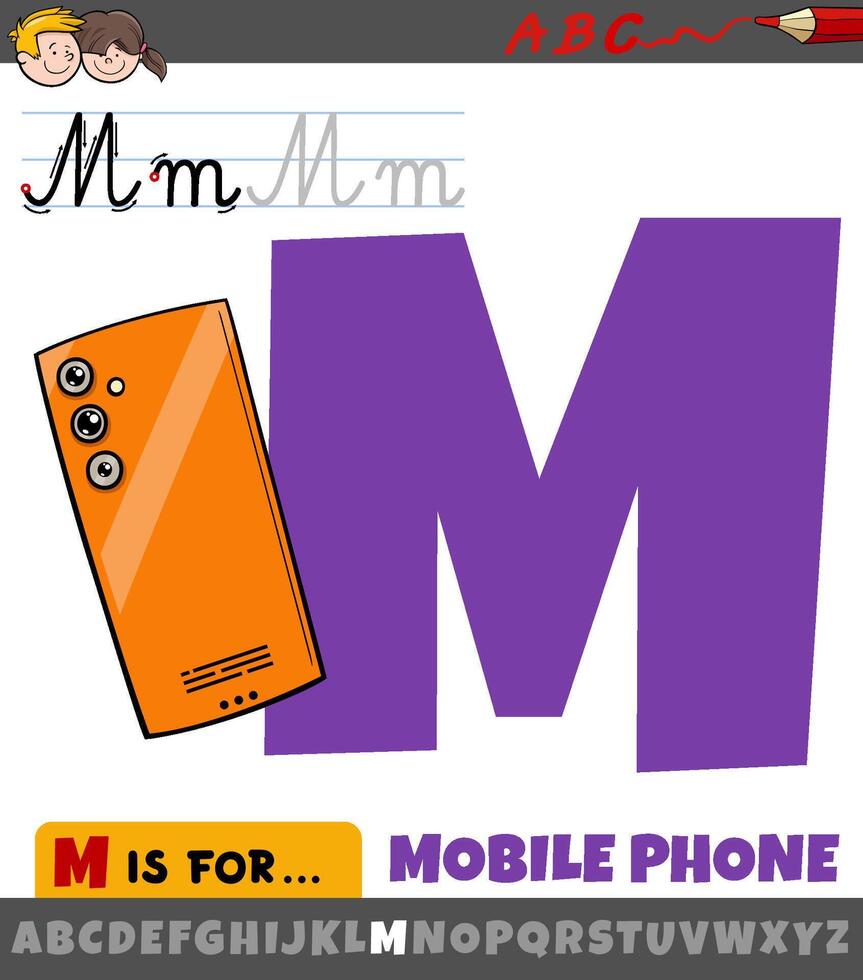 brief m van alfabet met tekenfilm mobiel telefoon vector