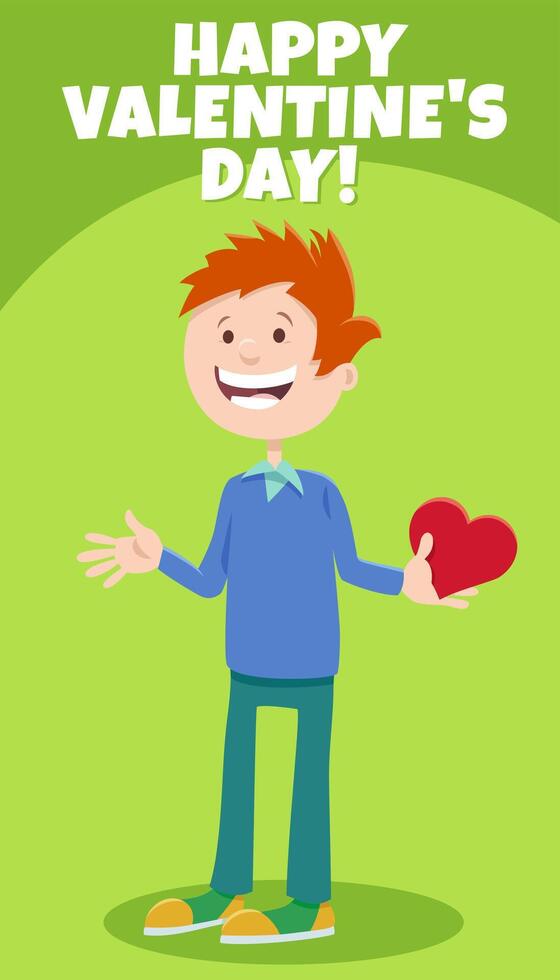 grappig tekenfilm jongen met hart valentijnsdag dag kaart vector