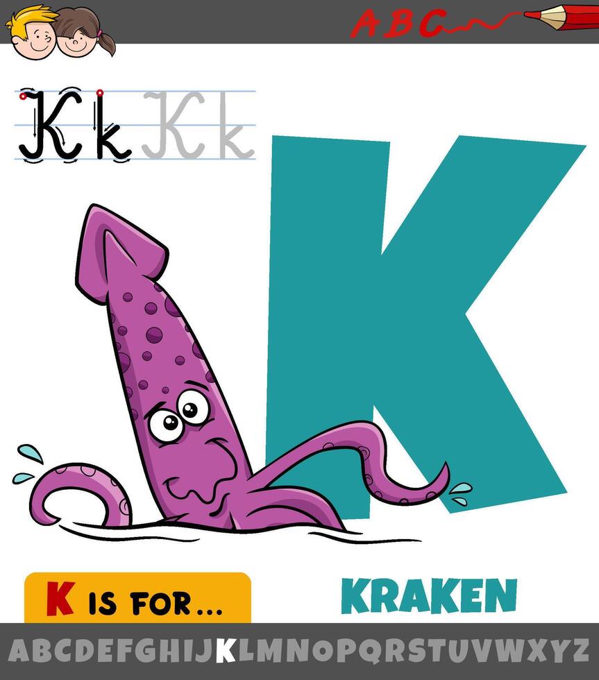 brief k van alfabet met tekenfilm kraken karakter vector