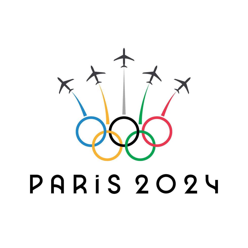 zomer Olympische Spelen logo met tonen draait. Parijs 2024. vliegtuigen met gekleurde rook. Internationale multisport evenement. vector illustratie geïsoleerd Aan wit