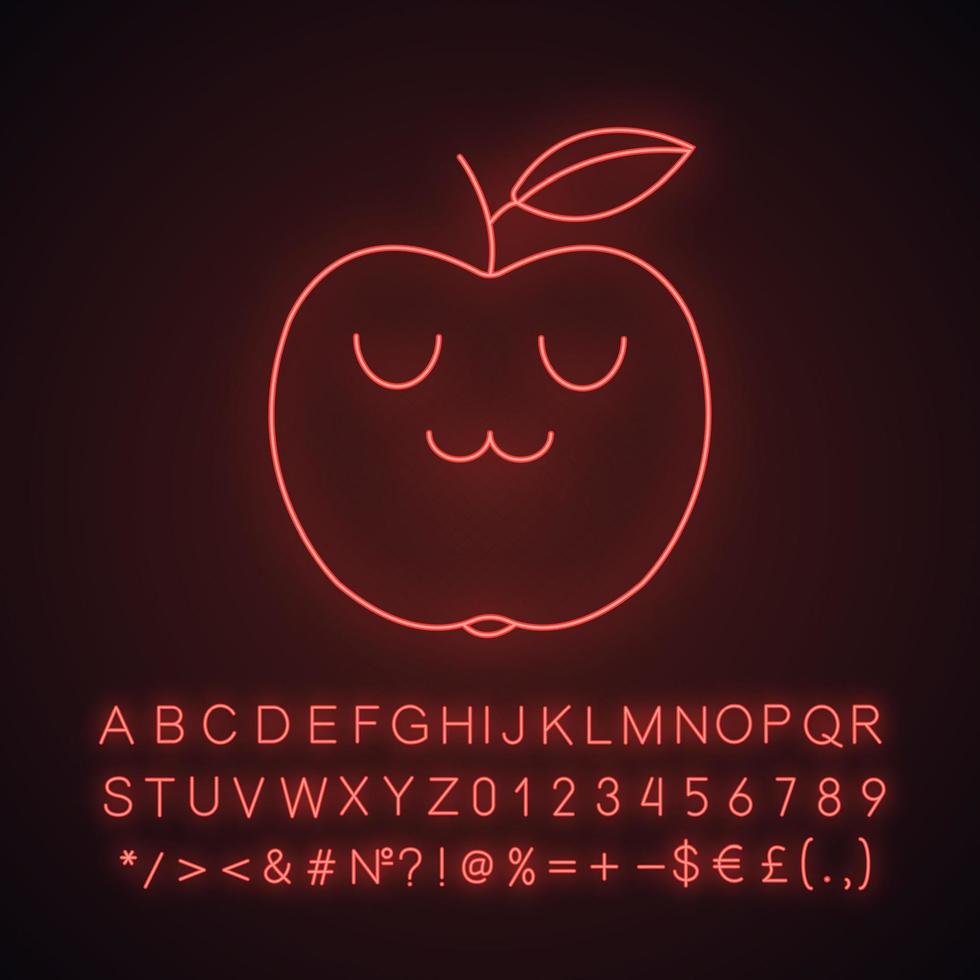 appel schattig kawaii neonlicht karakter. fruit met lachend gezicht. gelukkig eten. grappige emoji, emoticon, glimlach. gloeiend pictogram met alfabet, cijfers, symbolen. vector geïsoleerde illustratie