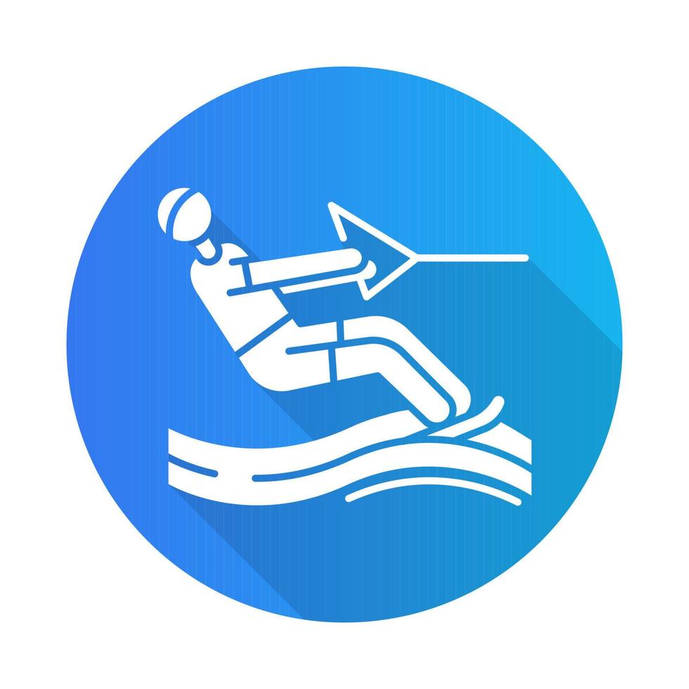 waterskiën blauw plat ontwerp lange schaduw glyph icon.surface watersport. zomer vrije tijd en gevaarlijke hobby. extreme vorm van sport. mannen wakeboarden. vector silhouet illustratie