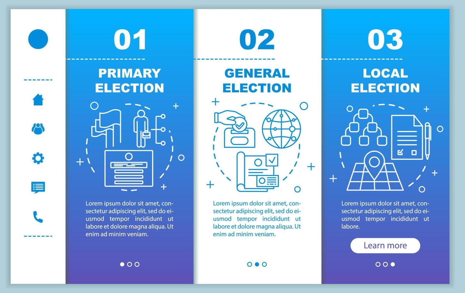 verkiezingsdag onboarding mobiele webpagina's vector sjabloon. politieke figuren. responsief smartphone-website-interface-idee met lineaire illustraties. webpagina walkthrough stap schermen. kleur concept