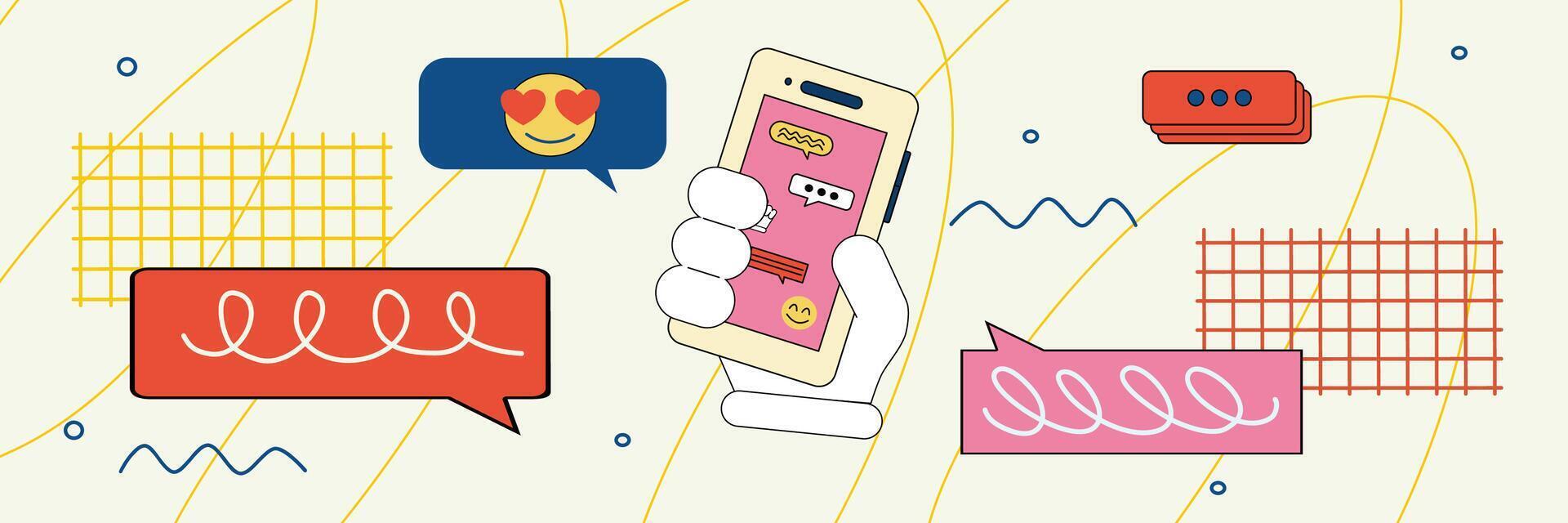 een reeks van praten bubbel tekst, babbelen doos met emoji en een hand- Holding een telefoon. de concept van retro chatten. vector