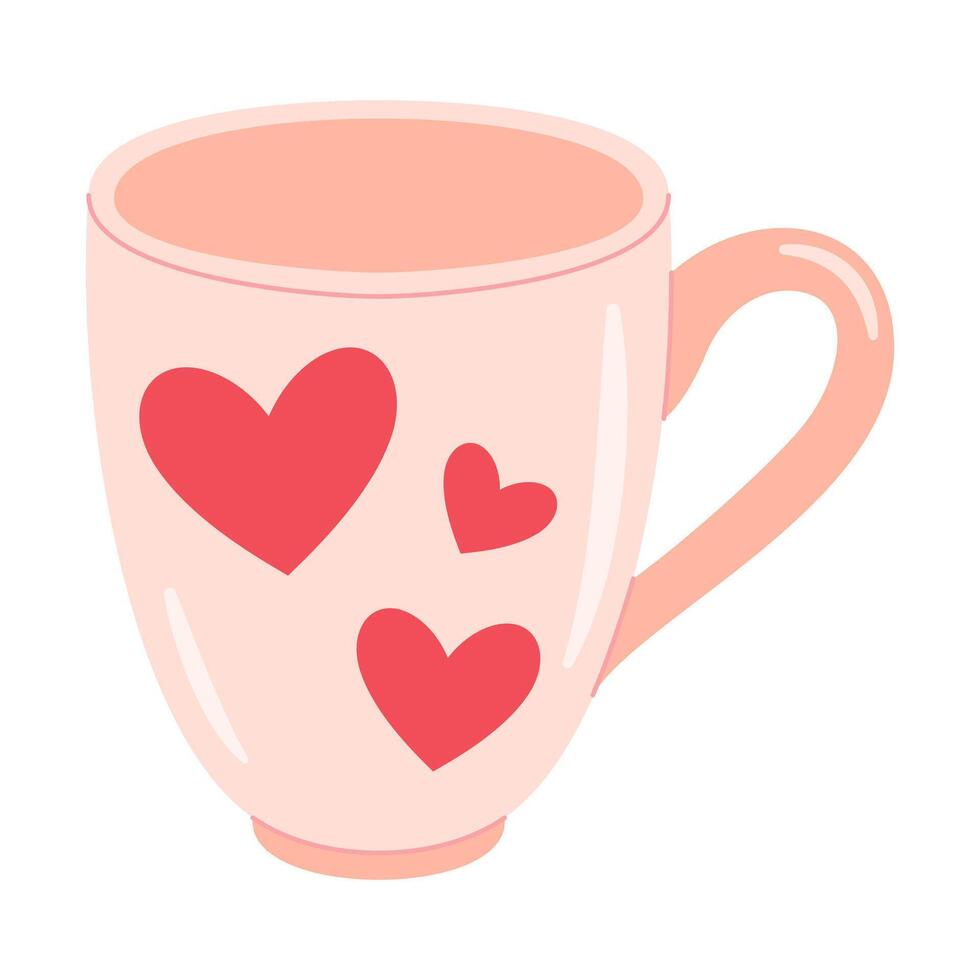 roze koffie mok. keramisch mok met rood harten. gelukkig valentijn. modieus vlak vector illustratie. geïsoleerd Aan wit achtergrond.