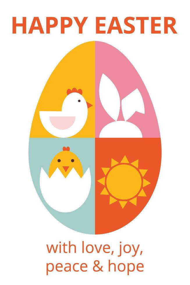 groet kaart voor gelukkig Pasen met typografie. gemakkelijk meetkundig vormen van ei, konijn, kip, zon, genesteld. bauhaus stijl. sjabloon voor kaart, poster, Promotie, banier vector