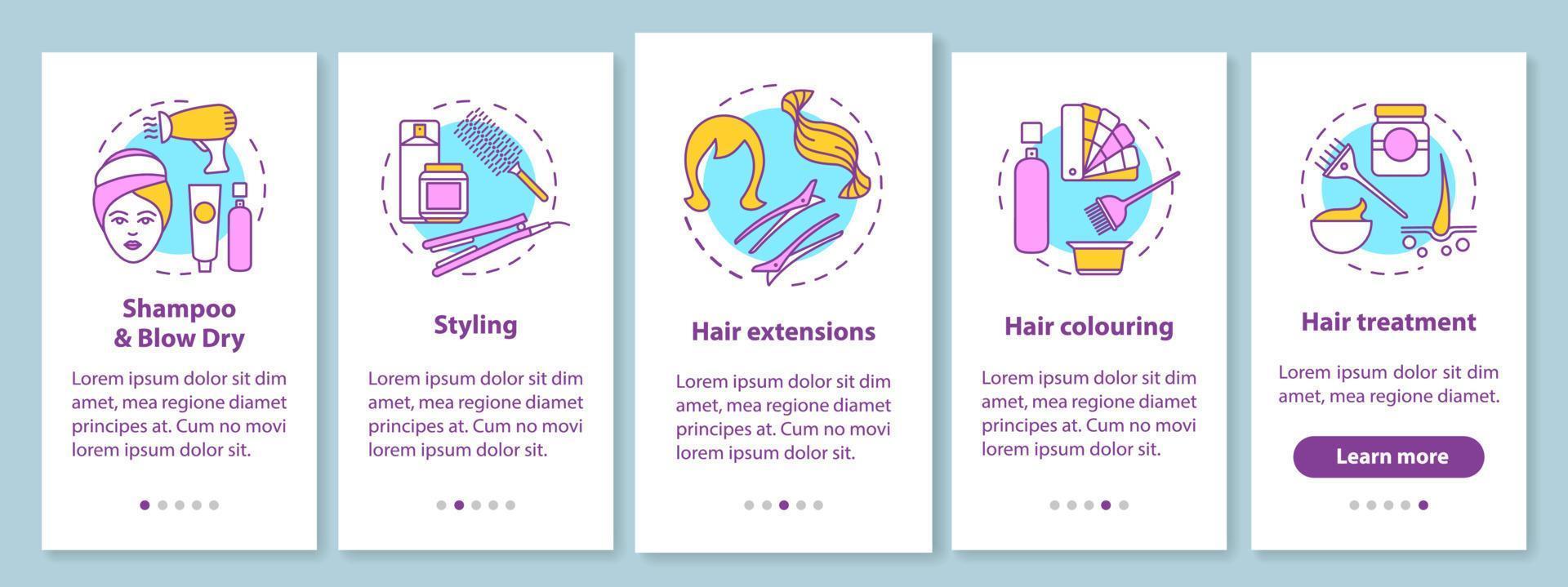 kapsalon diensten onboarding mobiele app paginascherm met lineaire concepten. haarstyling walkthrough stappen grafische instructies. ux, ui, gui vectorsjabloon met illustraties vector